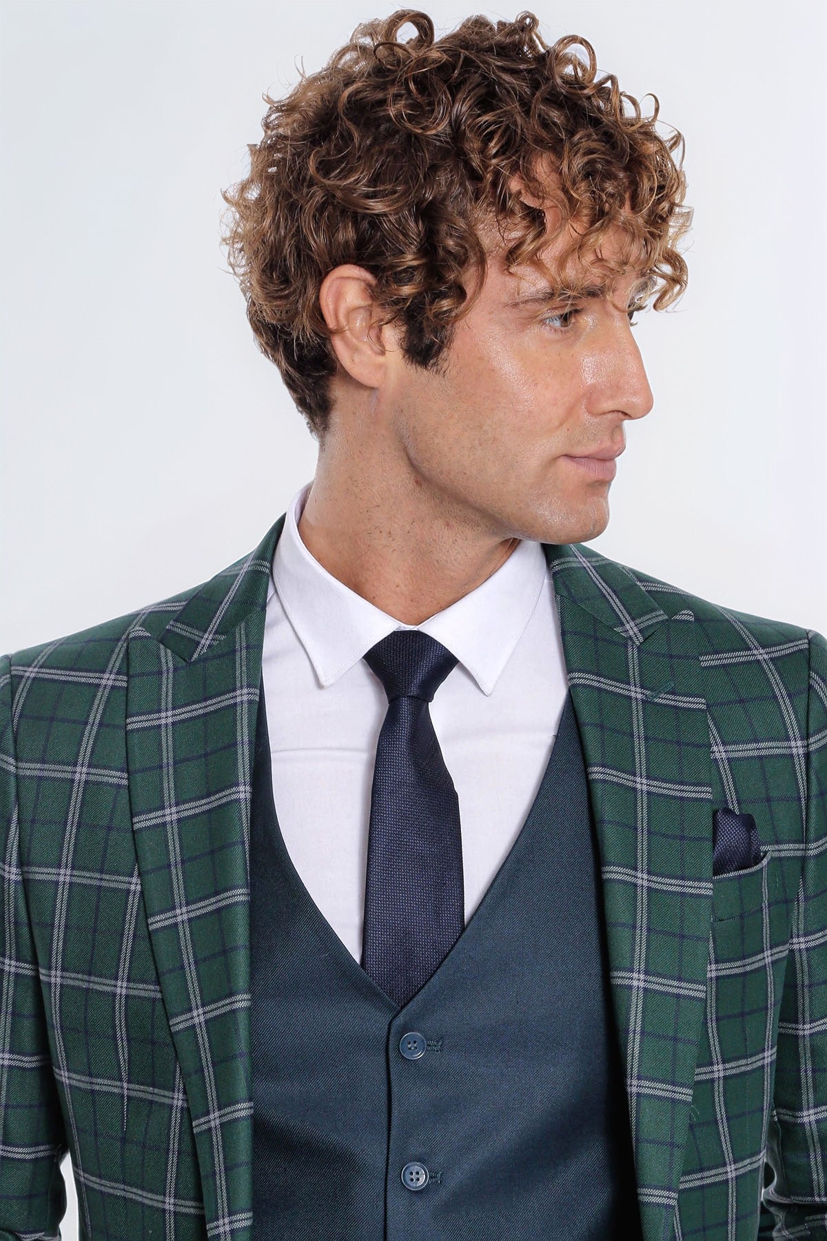 Blue Vested Slim Fit Checked Green Men Suit - Image 2
