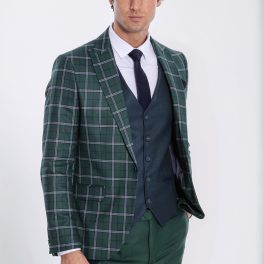 Blue Vested Slim Fit Checked Green Men Suit