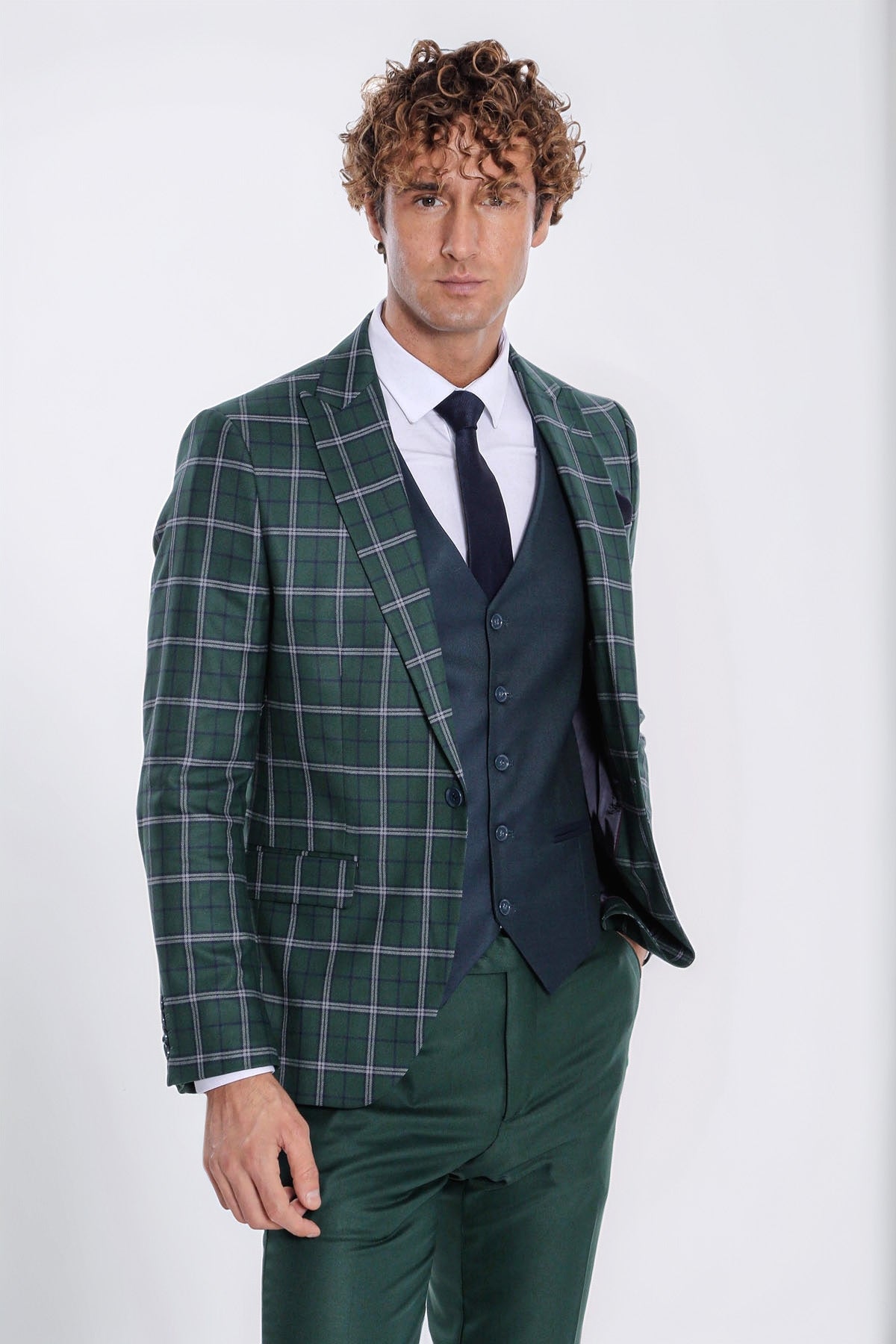 Blue Vested Slim Fit Checked Green Men Suit