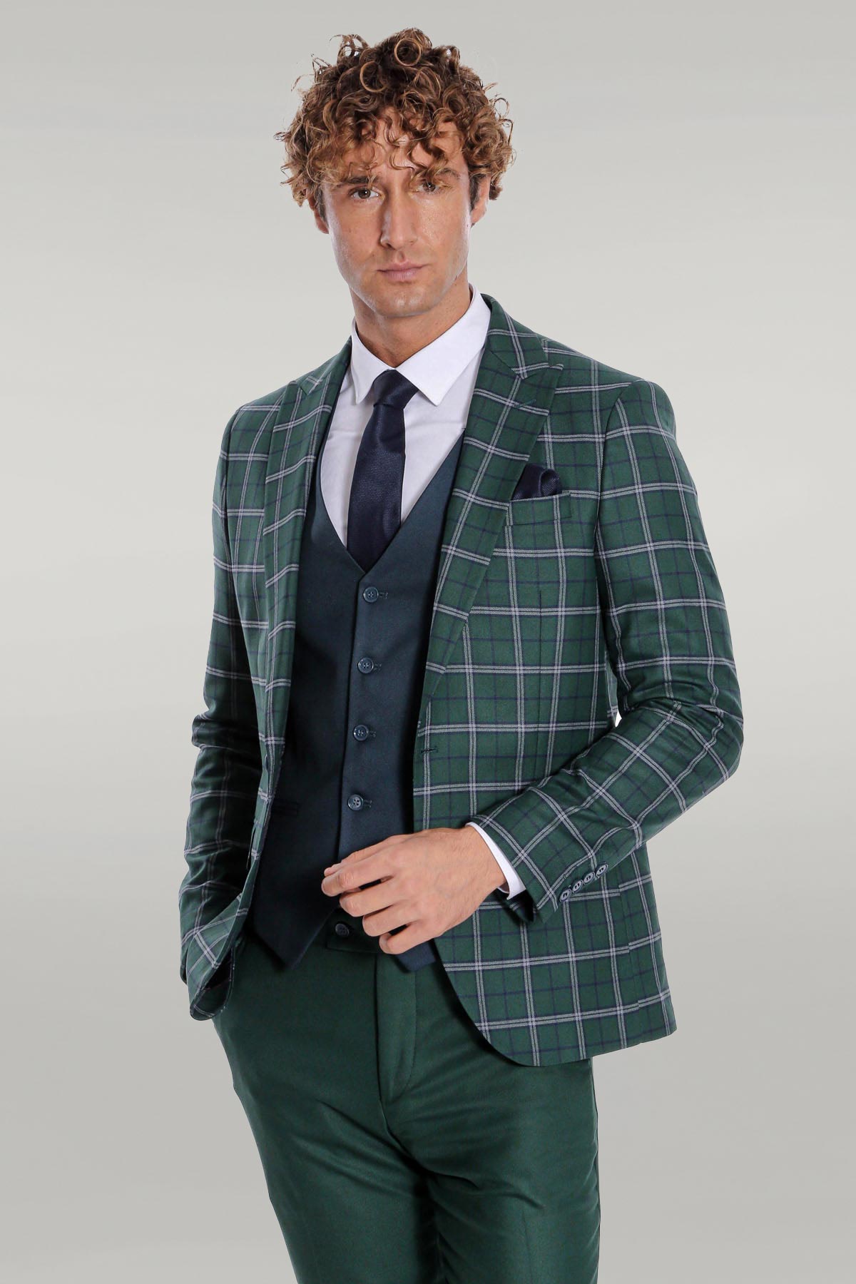 Blue Vested Slim Fit Checked Green Men Suit - Image 3