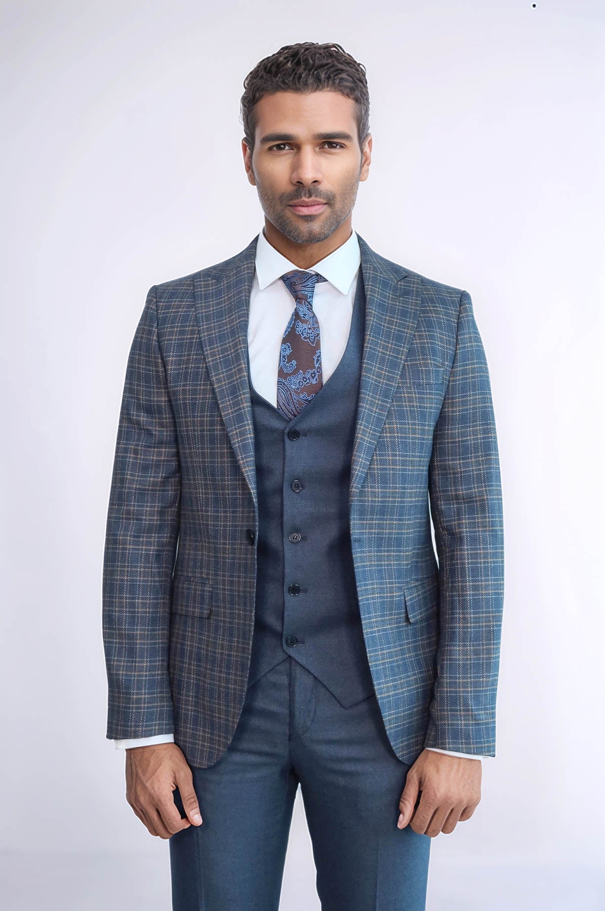 Checked Slim Fit Blue Men Suit - Image 3