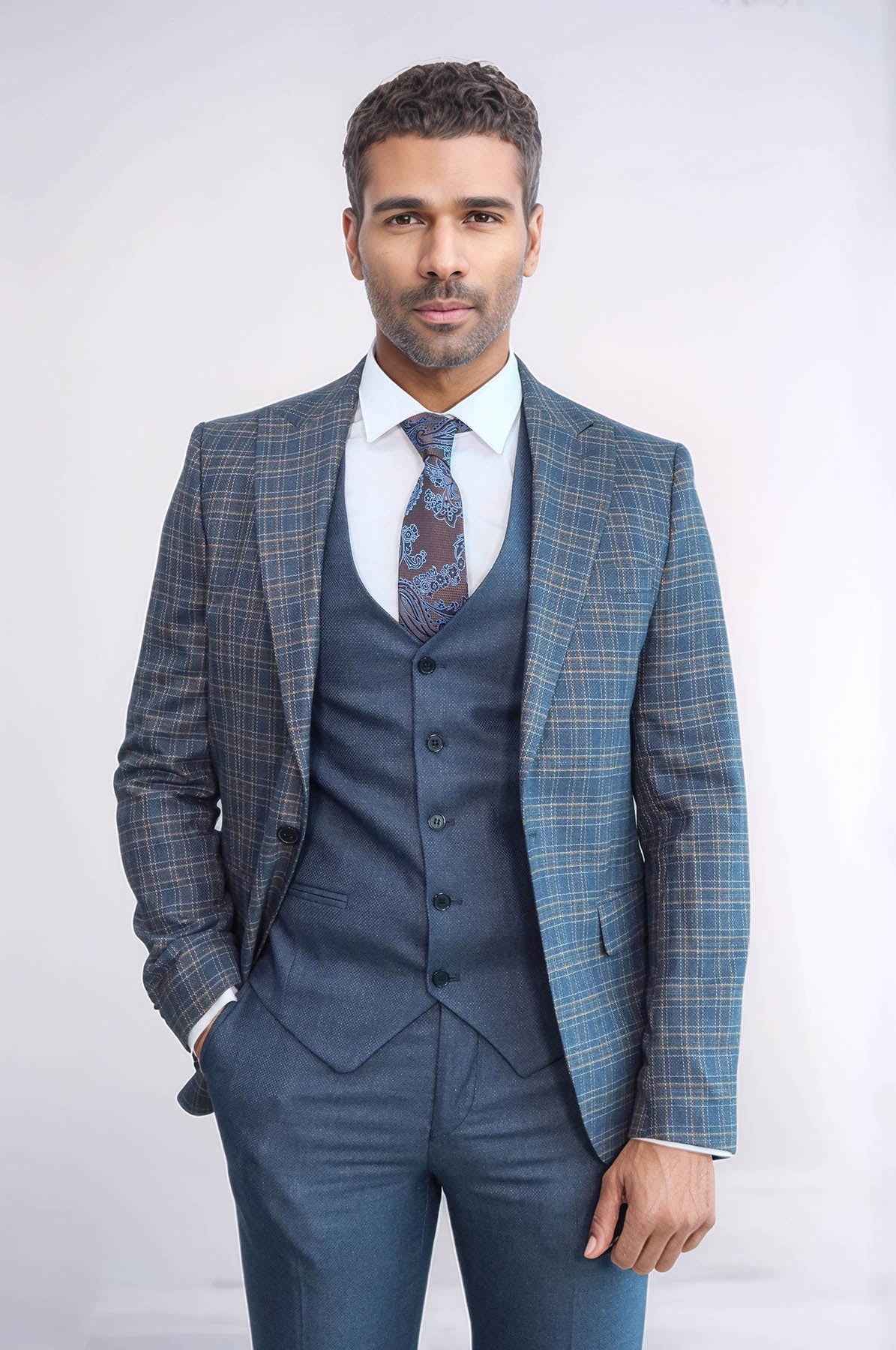 Checked Slim Fit Blue Men Suit - Image 2