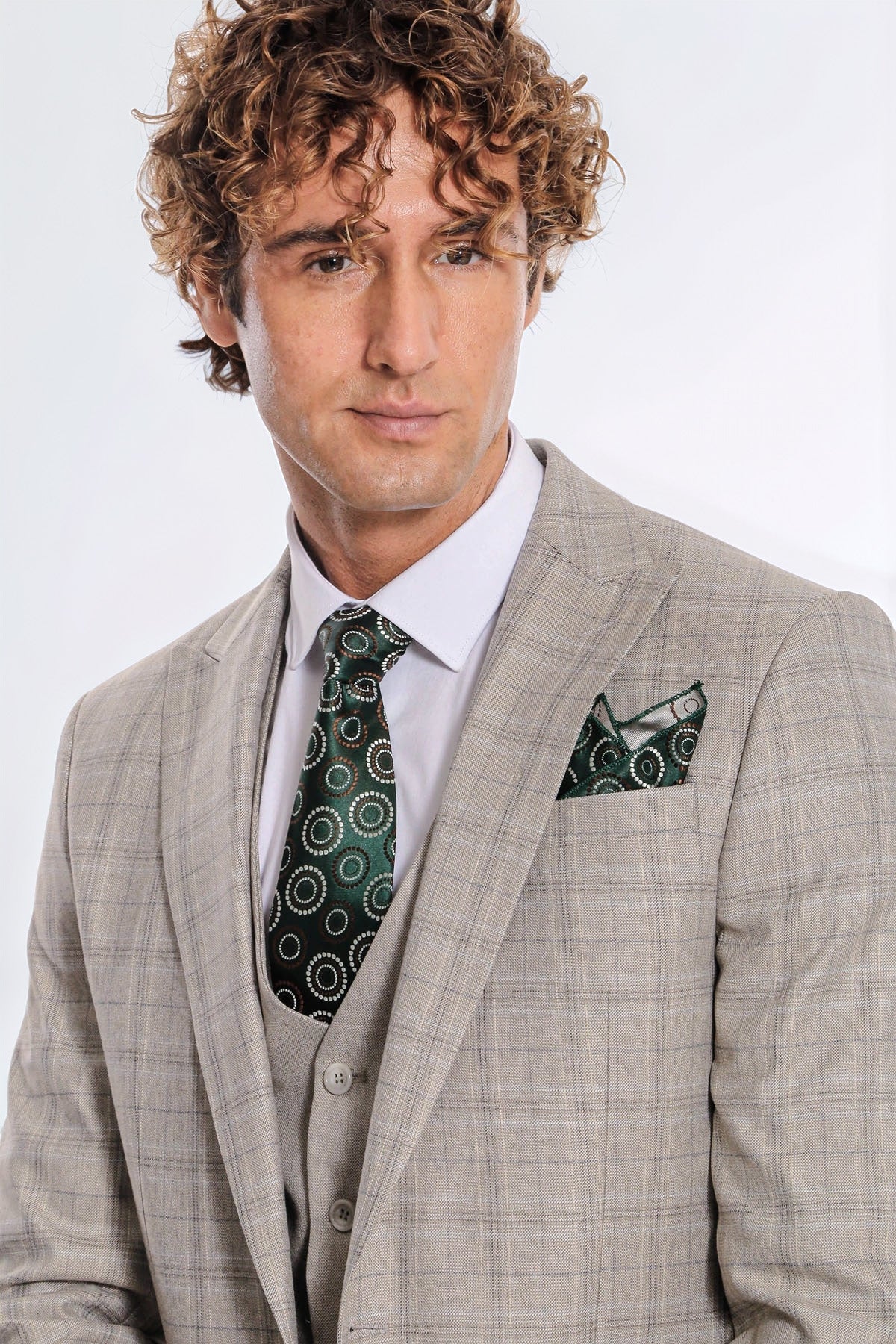 Checked Slim Fit Cream Men Suit - Image 2