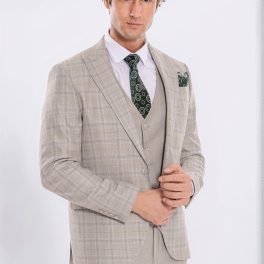 Checked Slim Fit Cream Men Suit