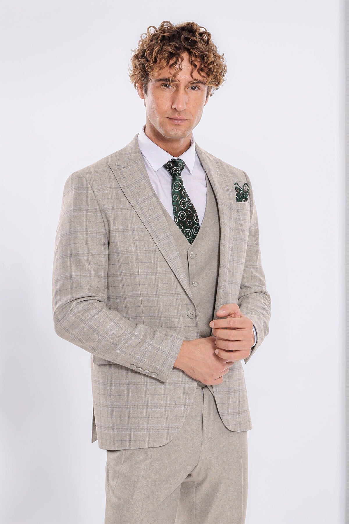 Checked Slim Fit Cream Men Suit