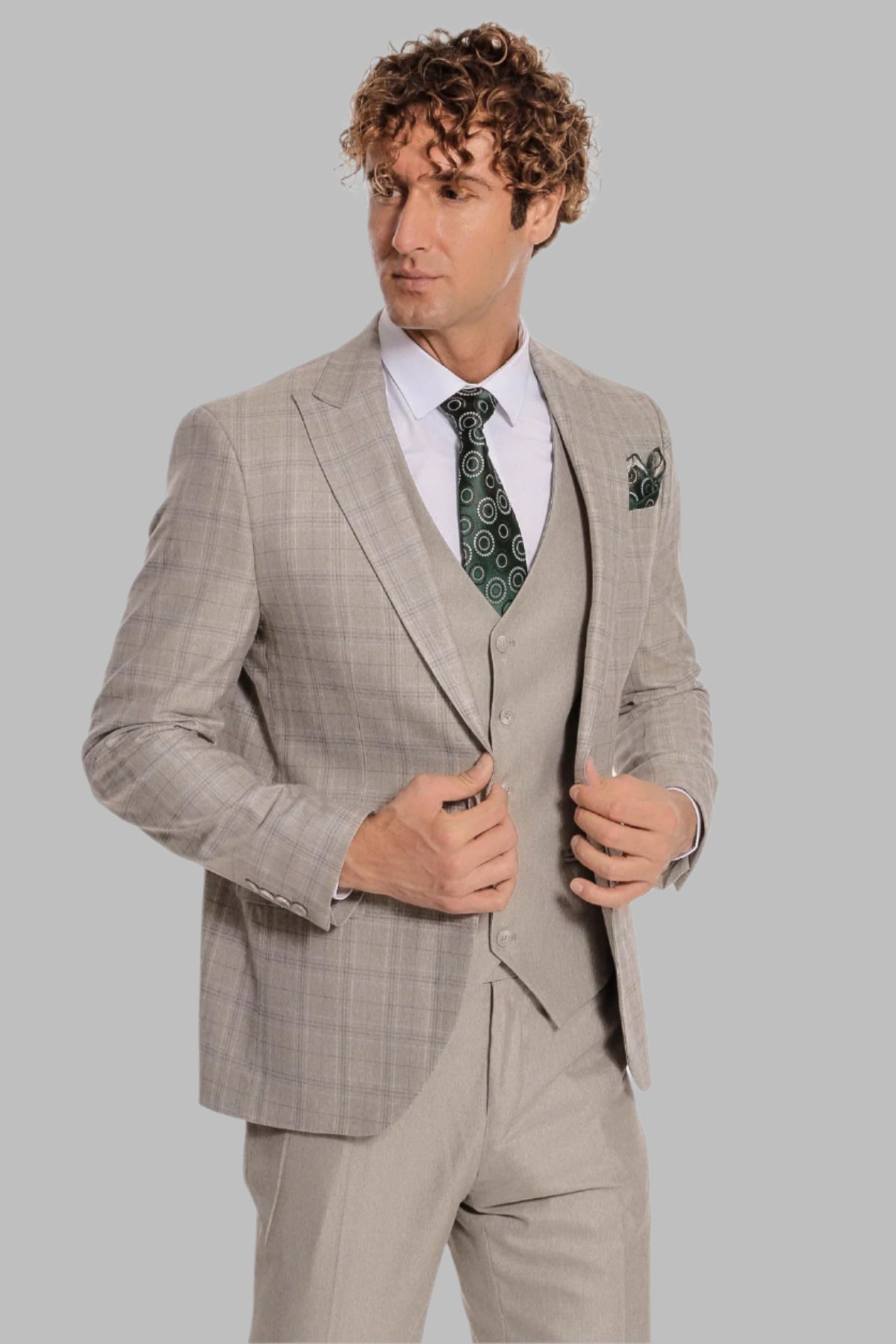 Checked Slim Fit Cream Men Suit - Image 3
