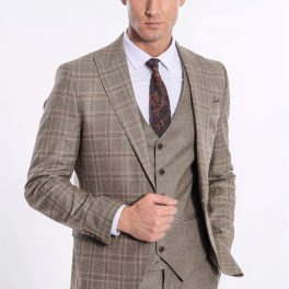 Checked Slim Fit Brown Men Suit