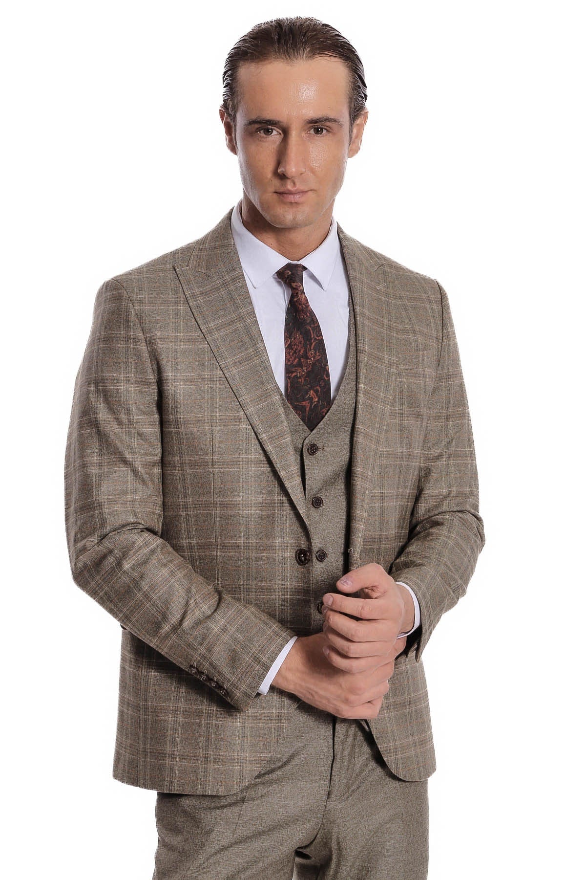 Checked Slim Fit Brown Men Suit - Image 3