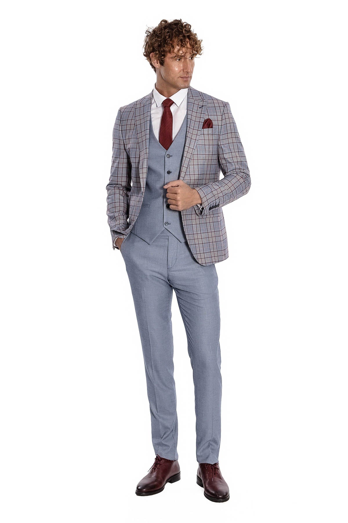 Checked Slim Fit Blue Men Suit - Image 3