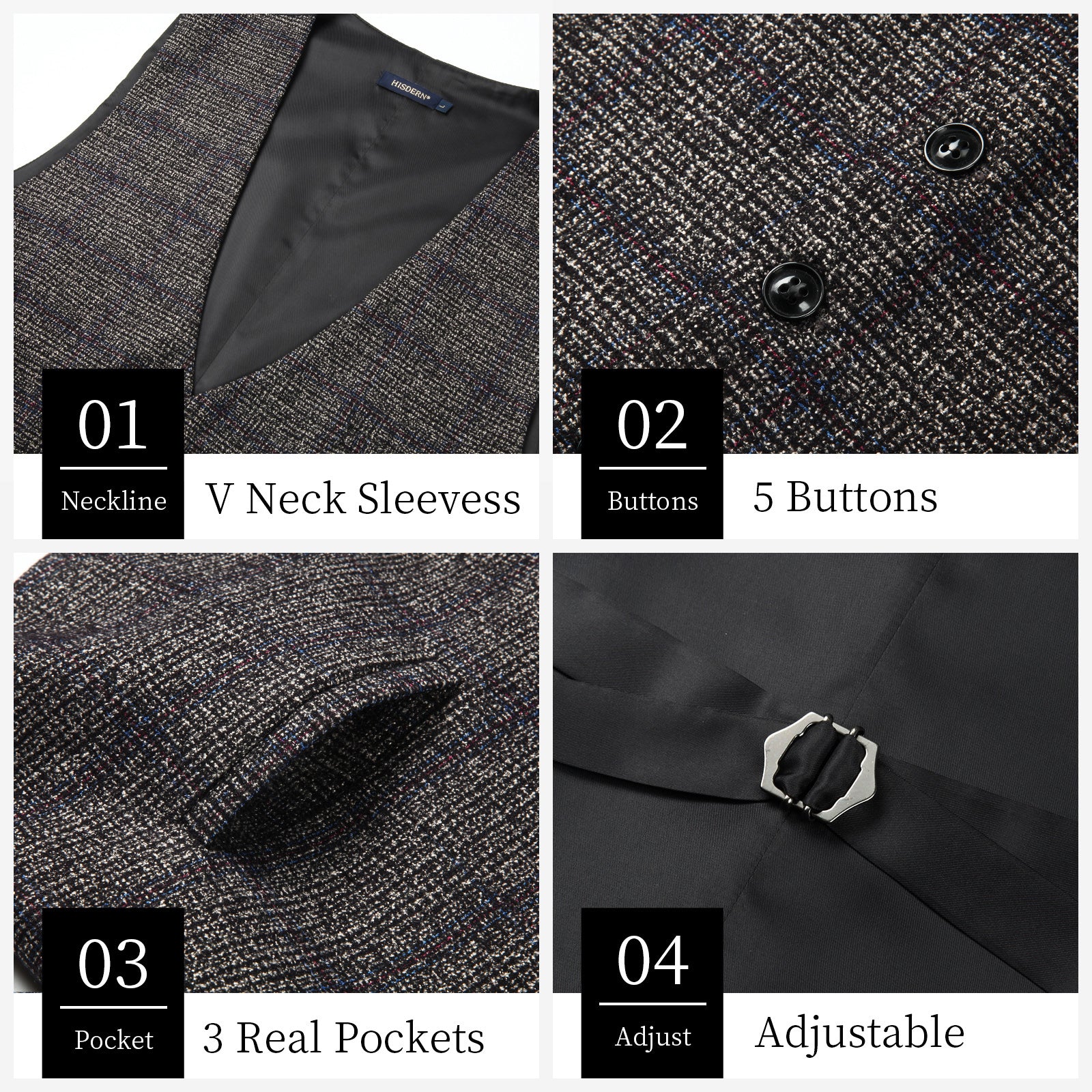 Men's Grey Plaid Wedding Vest For Skinny Guys - Image 3