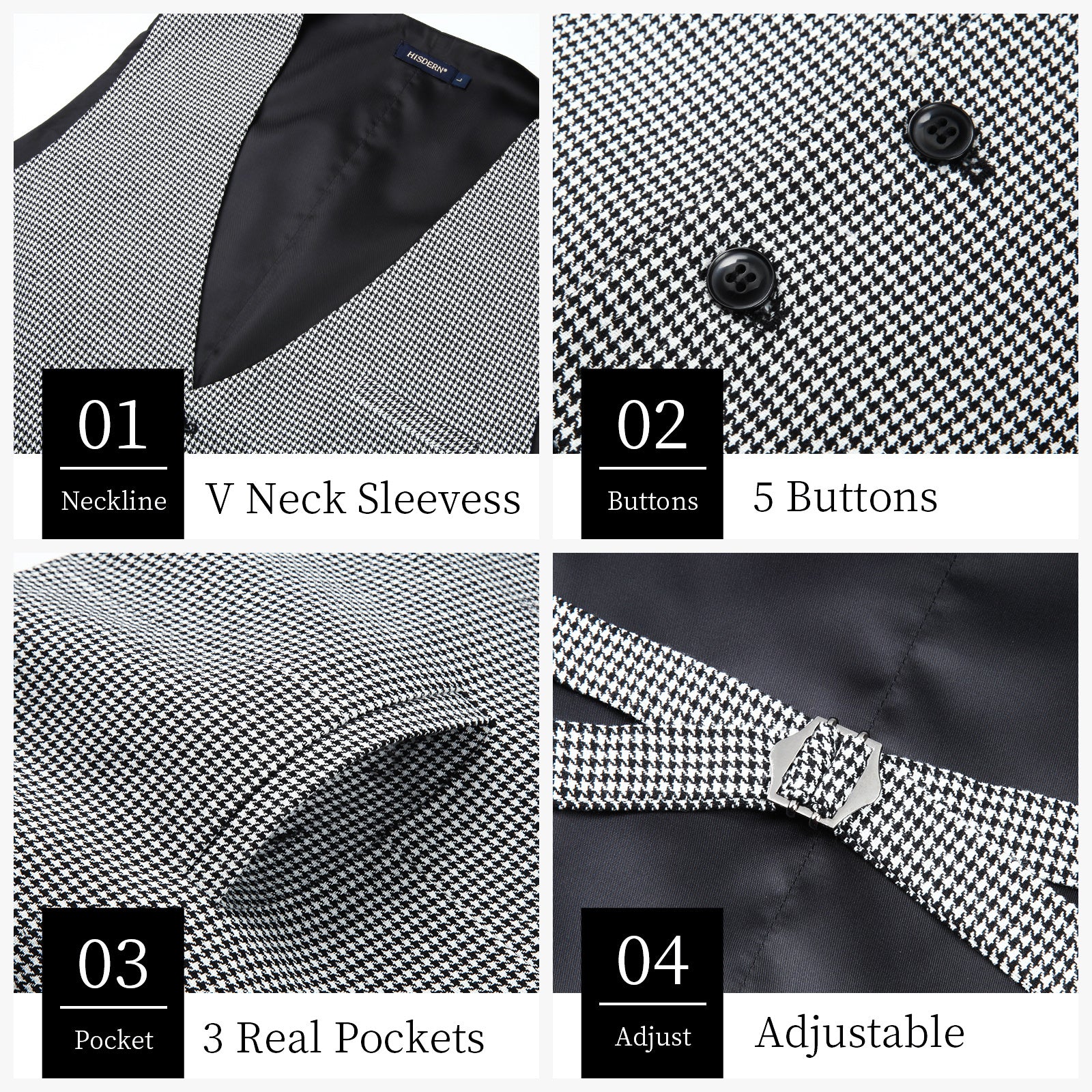 Men's Grey Houndstooth Wedding Vest For Skinny Guys - Image 3