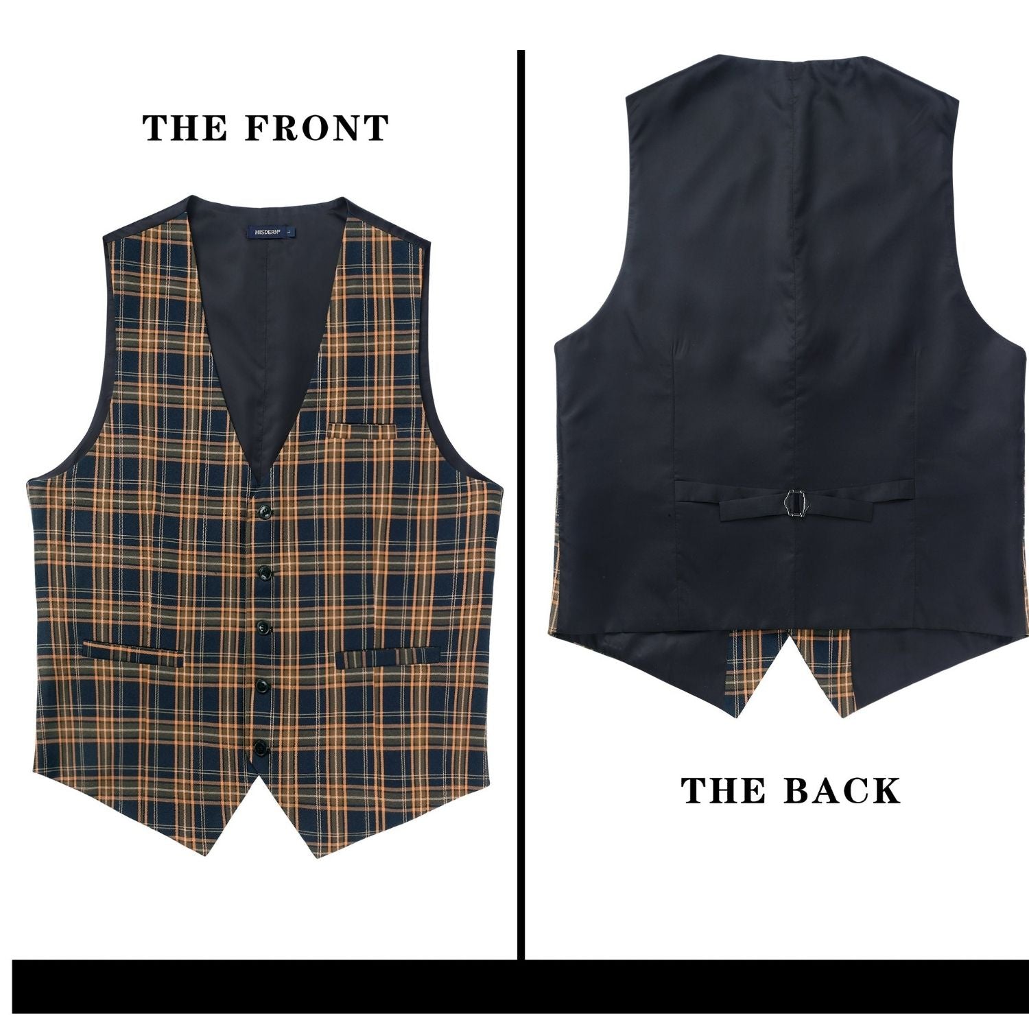 Men's Brown Blue Plaid Slim Suit Vest Formal Wear - Image 2