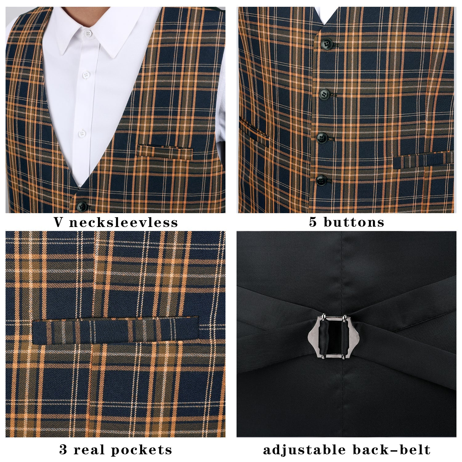 Men's Brown Blue Plaid Slim Suit Vest Formal Wear - Image 3