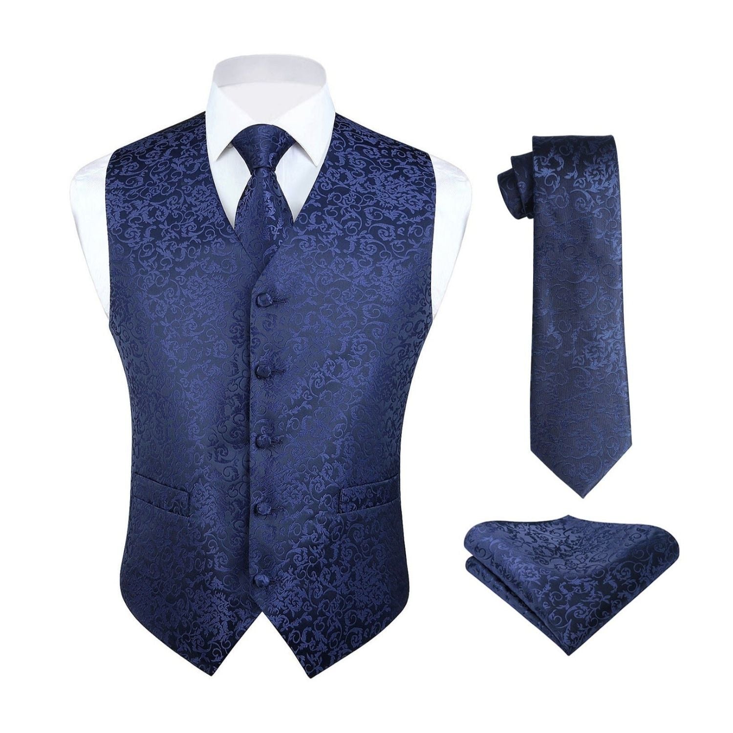Navy Blue Paisley Silk-Lined Dress Vest Tie Set For Weddings