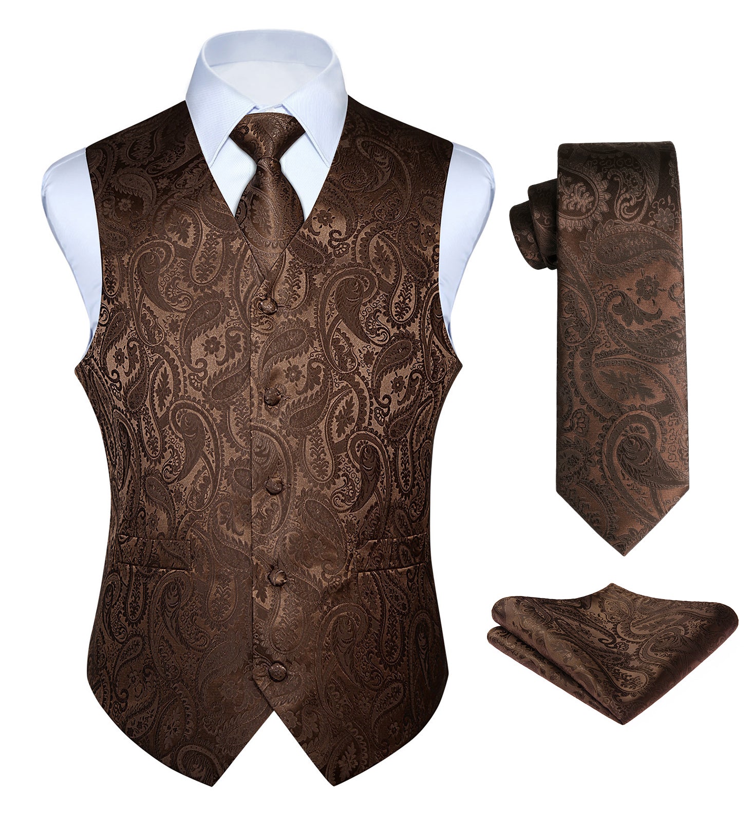 Men's Brown Paisley Vest Tie Set For Weddings Anniversary