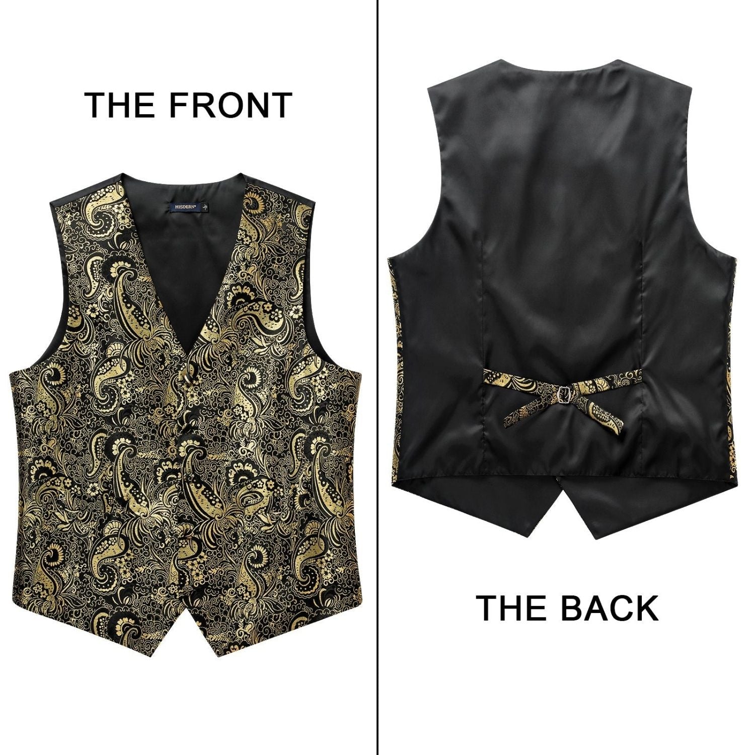 Men's Gold Black Paisley Vest Tie Set For Weddings - Image 3