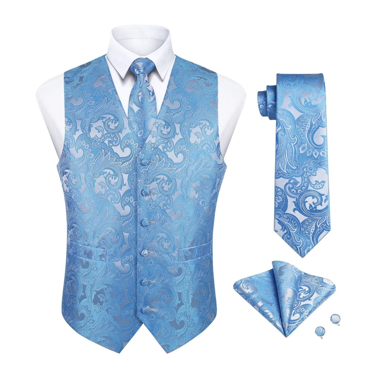 Men's Blue Paisley Vest Tie Set For Weddings