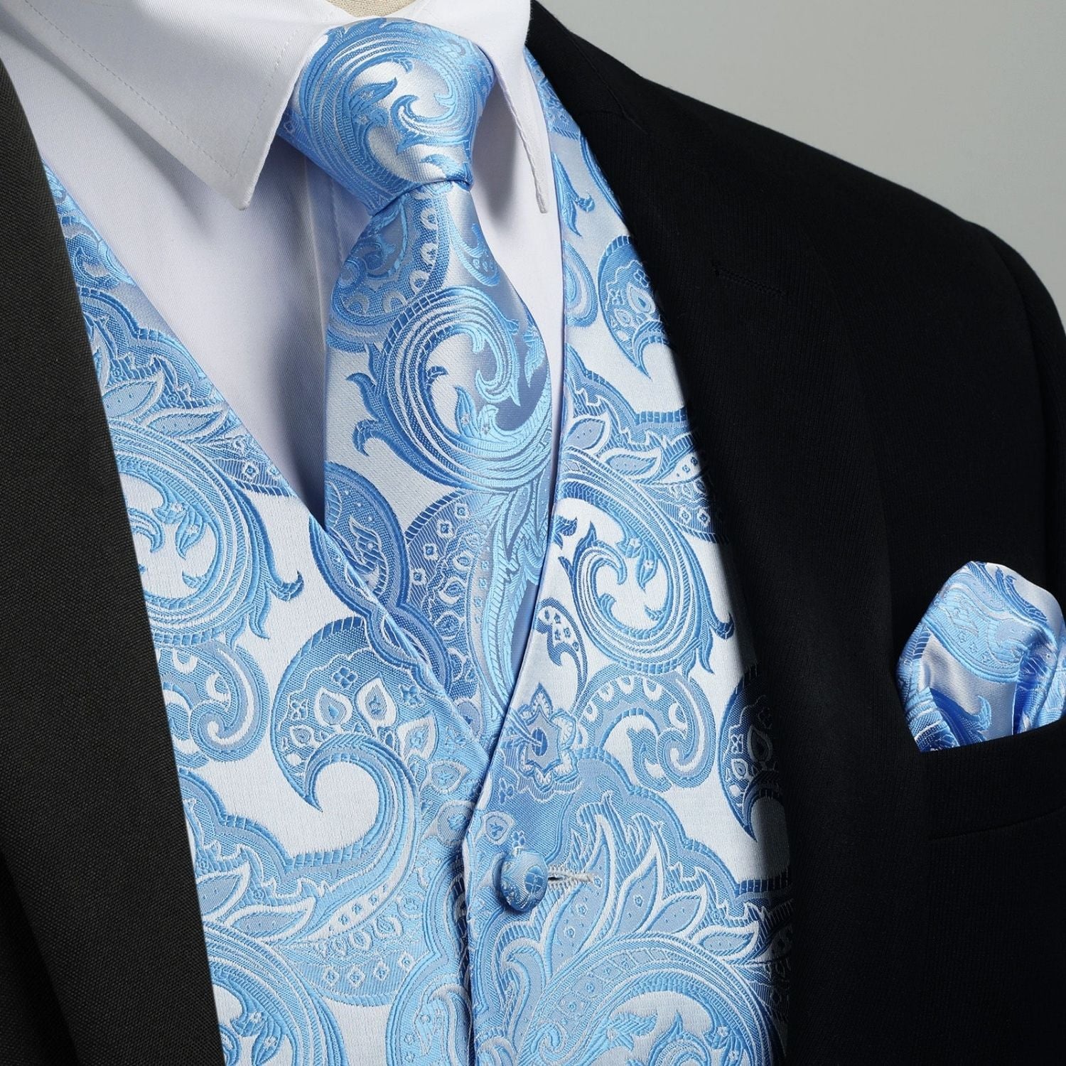 Men's Blue Paisley Vest Tie Set For Weddings - Image 2