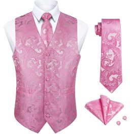 Men's Pink Paisley Vest Tie Set For Weddings