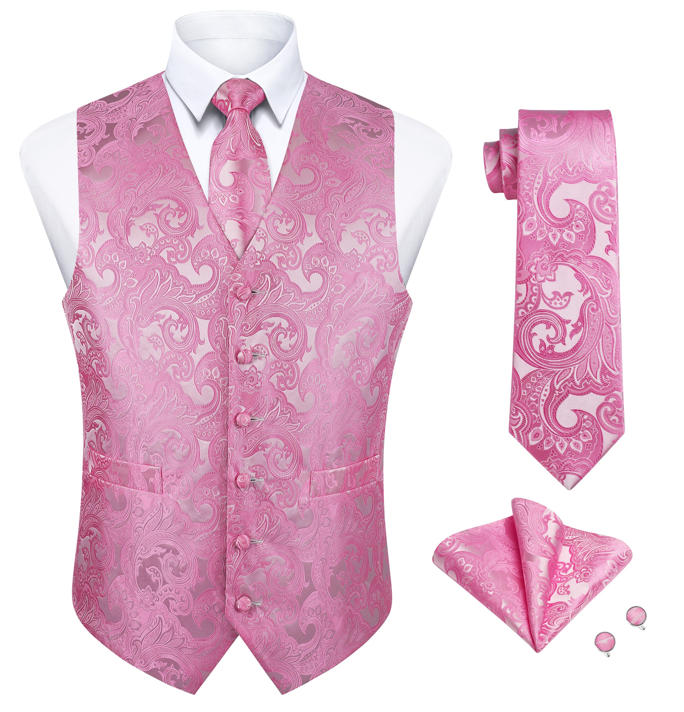 Men's Pink Paisley Vest Tie Set For Weddings