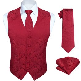 Men's Burgundy Paisley Vest Tie Set For Weddings Anniversary