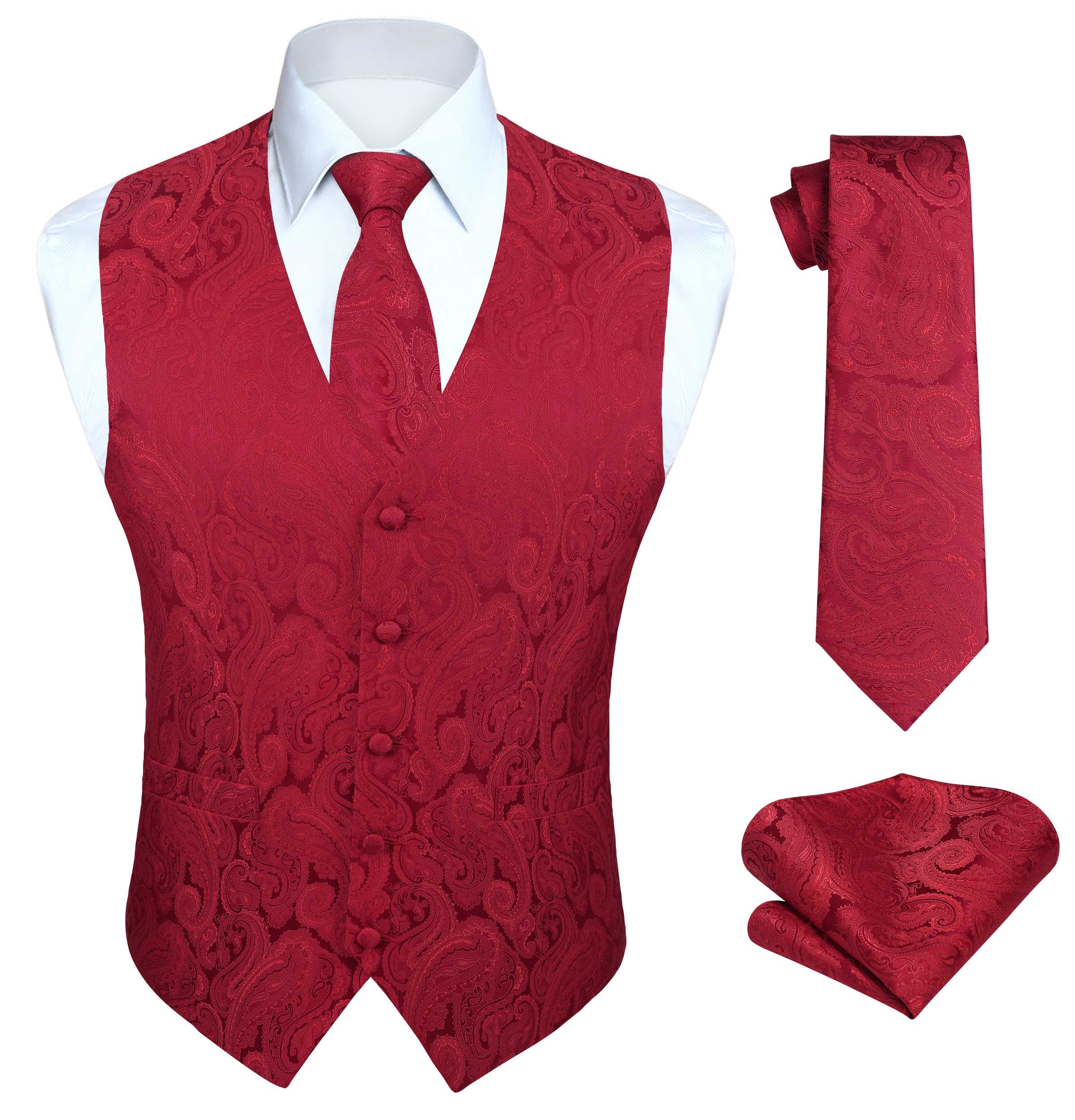 Men's Burgundy Paisley Vest Tie Set For Weddings Anniversary