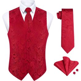 Men's Red Paisley Vest Tie Set For Weddings