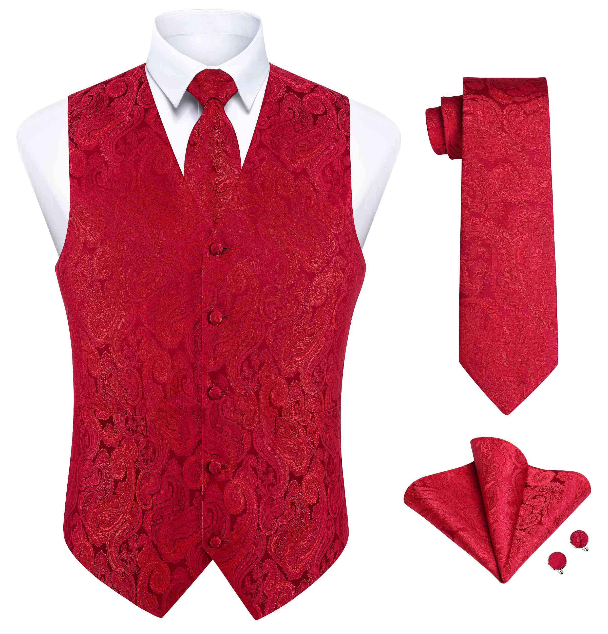 Men's Red Paisley Vest Tie Set For Weddings
