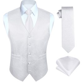 Men's White Floral Vest Tie Set For Weddings Anniversary