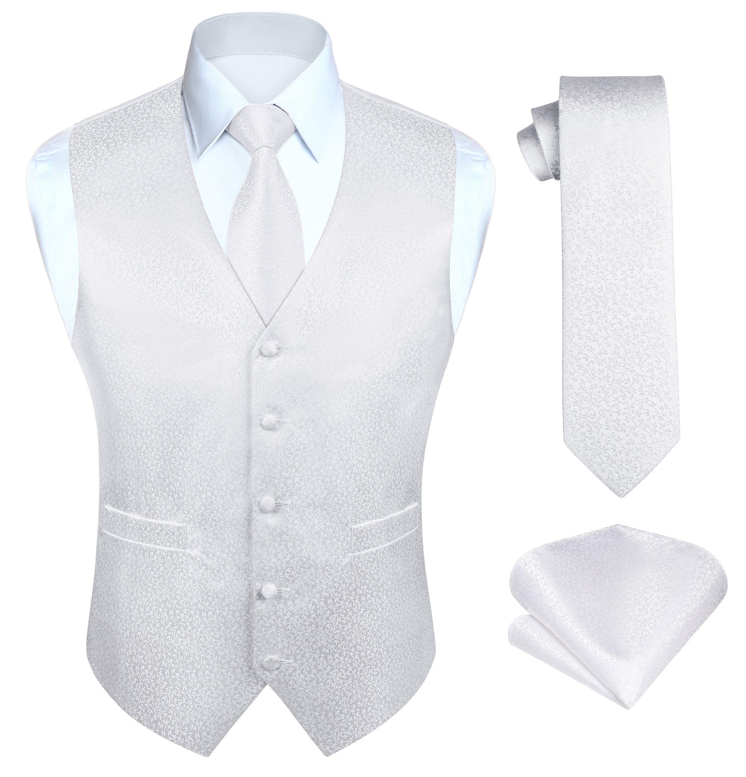 Men's White Floral Vest Tie Set For Weddings Anniversary
