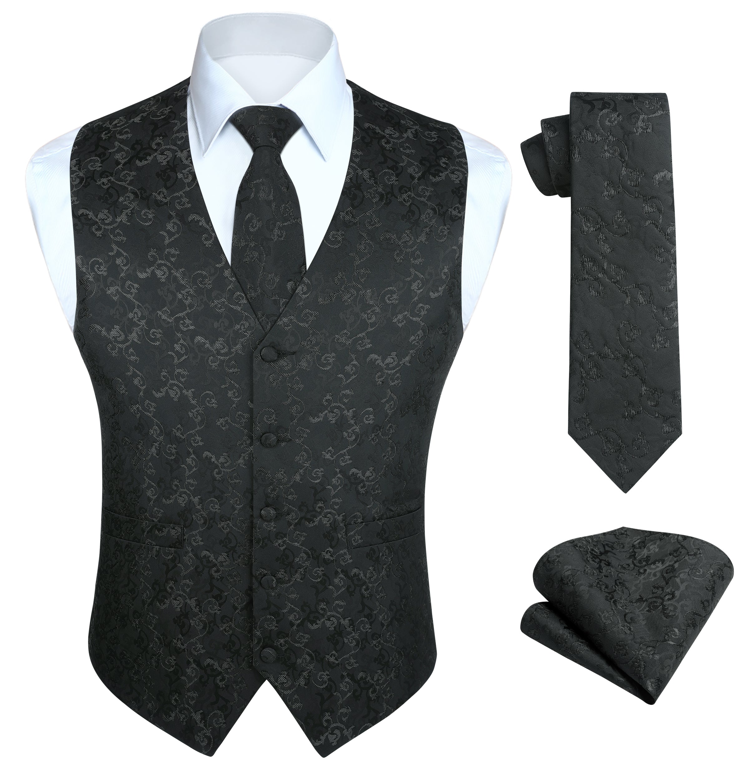 Men's Black Floral Vest Tie Set For Weddings