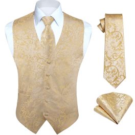 Men's Yellow Gold Floral Vest Tie Set For Weddings