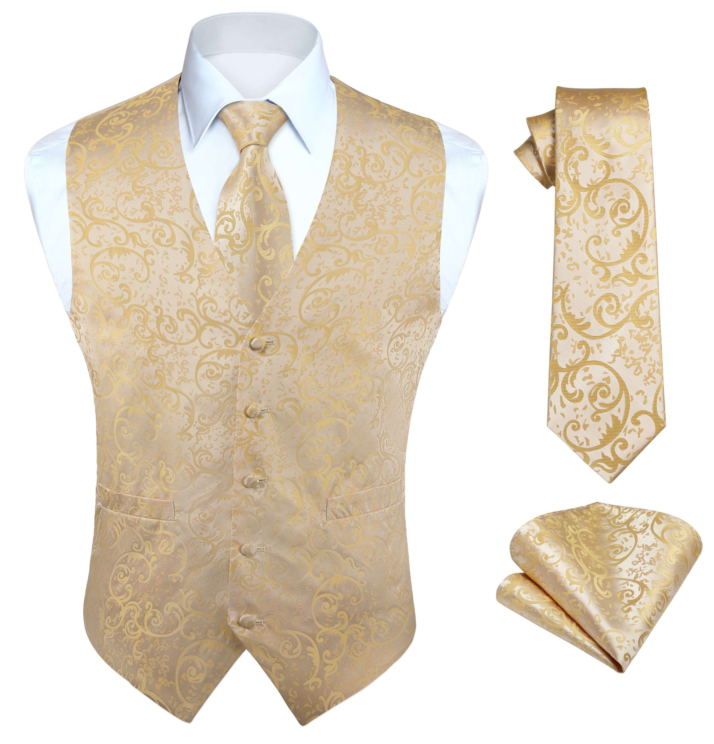 Men's Yellow Gold Floral Vest Tie Set For Weddings