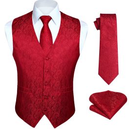 Men's Red Paisley Vest Tie Set For Weddings Anniversary