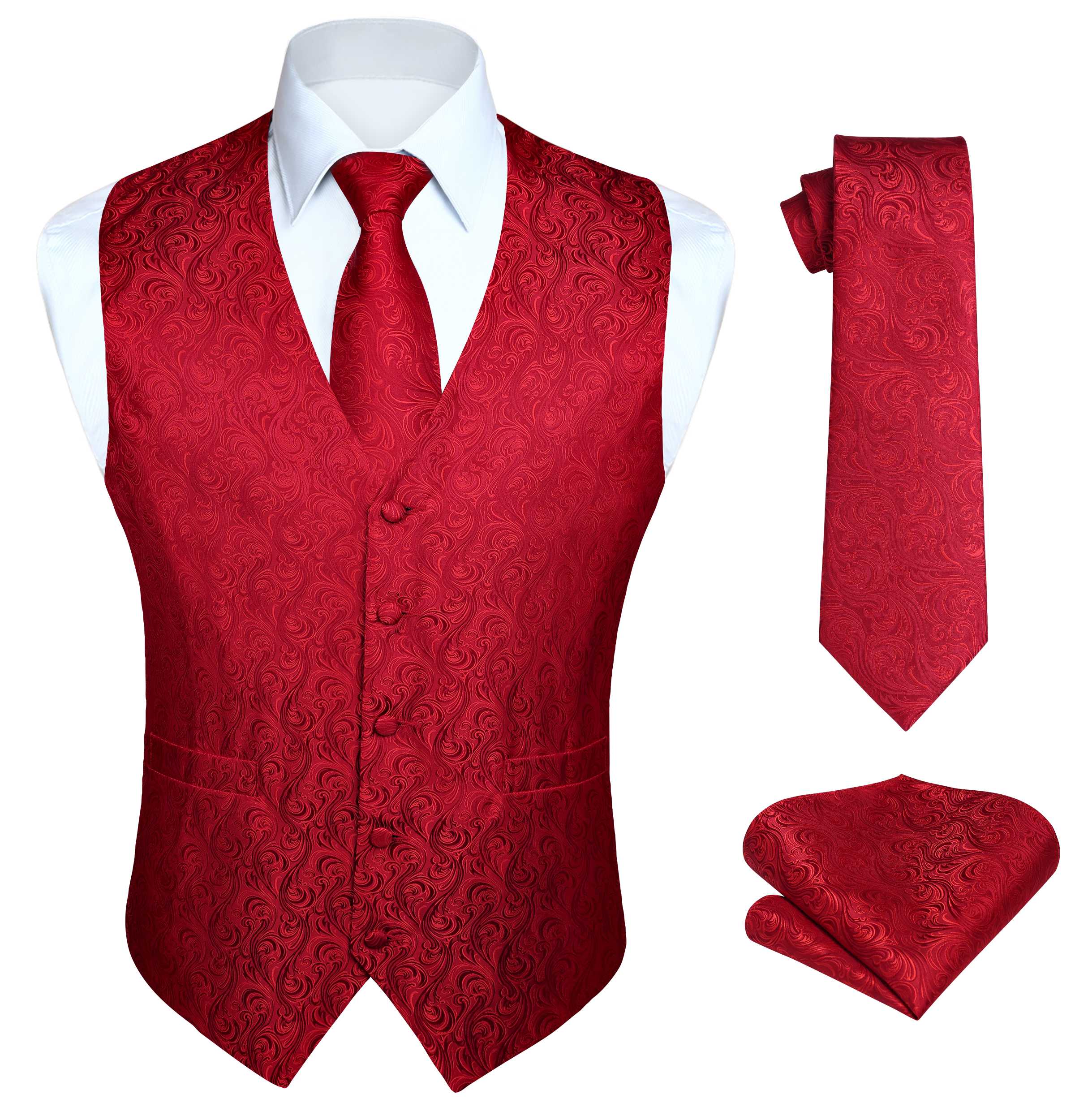 Men's Red Paisley Vest Tie Set For Weddings Anniversary
