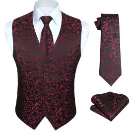 Men's Burgundy Black Floral Vest Tie Set For Weddings