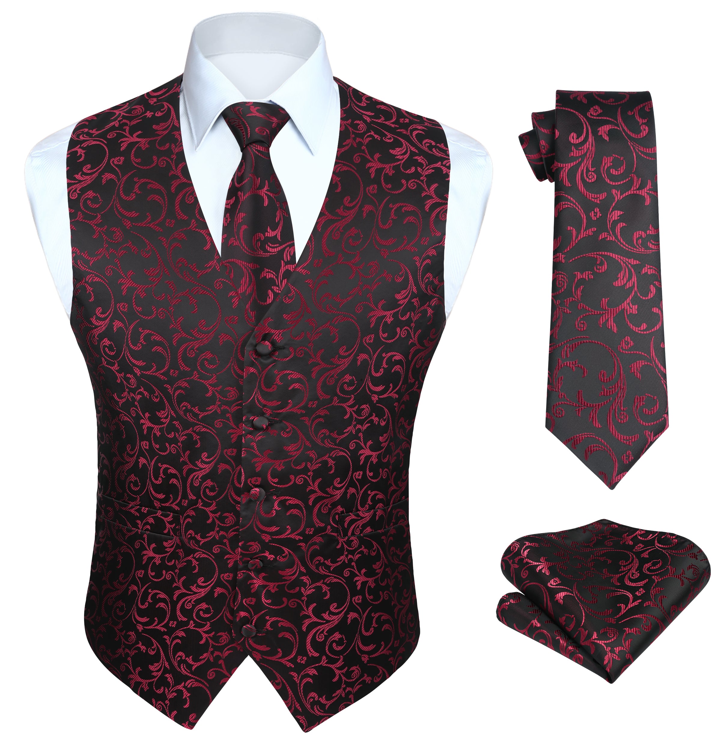 Men's Burgundy Black Floral Vest Tie Set For Weddings