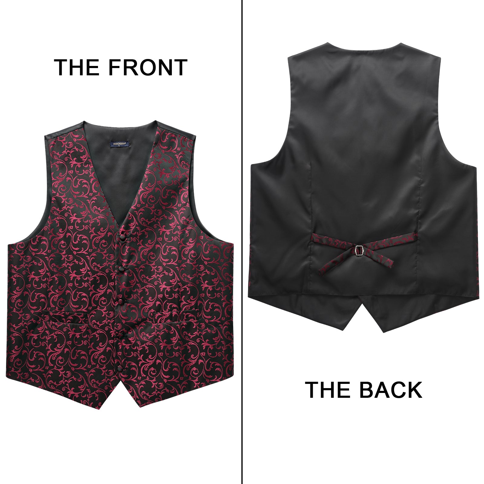 Men's Burgundy Black Floral Vest Tie Set For Weddings - Image 3