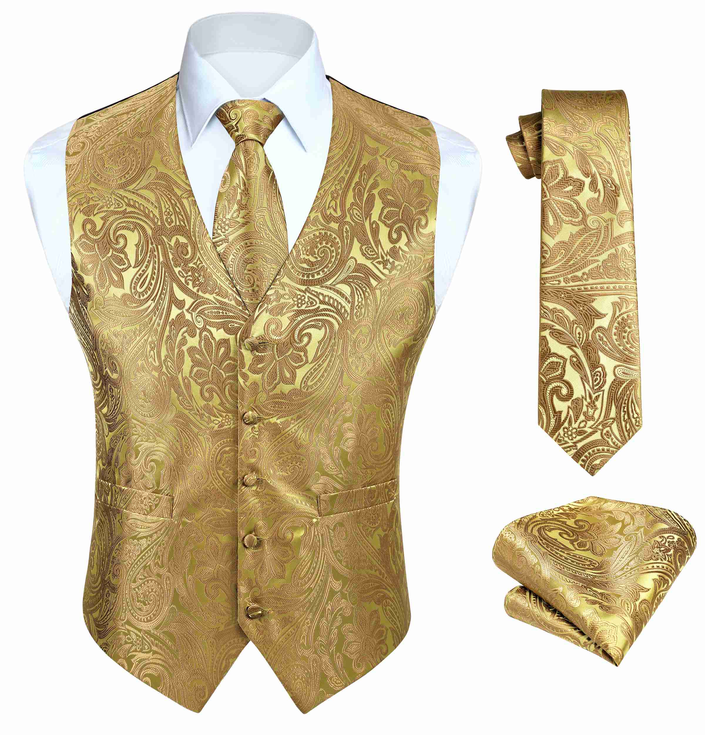 Men's Gold Paisley Vest Tie Set For Weddings