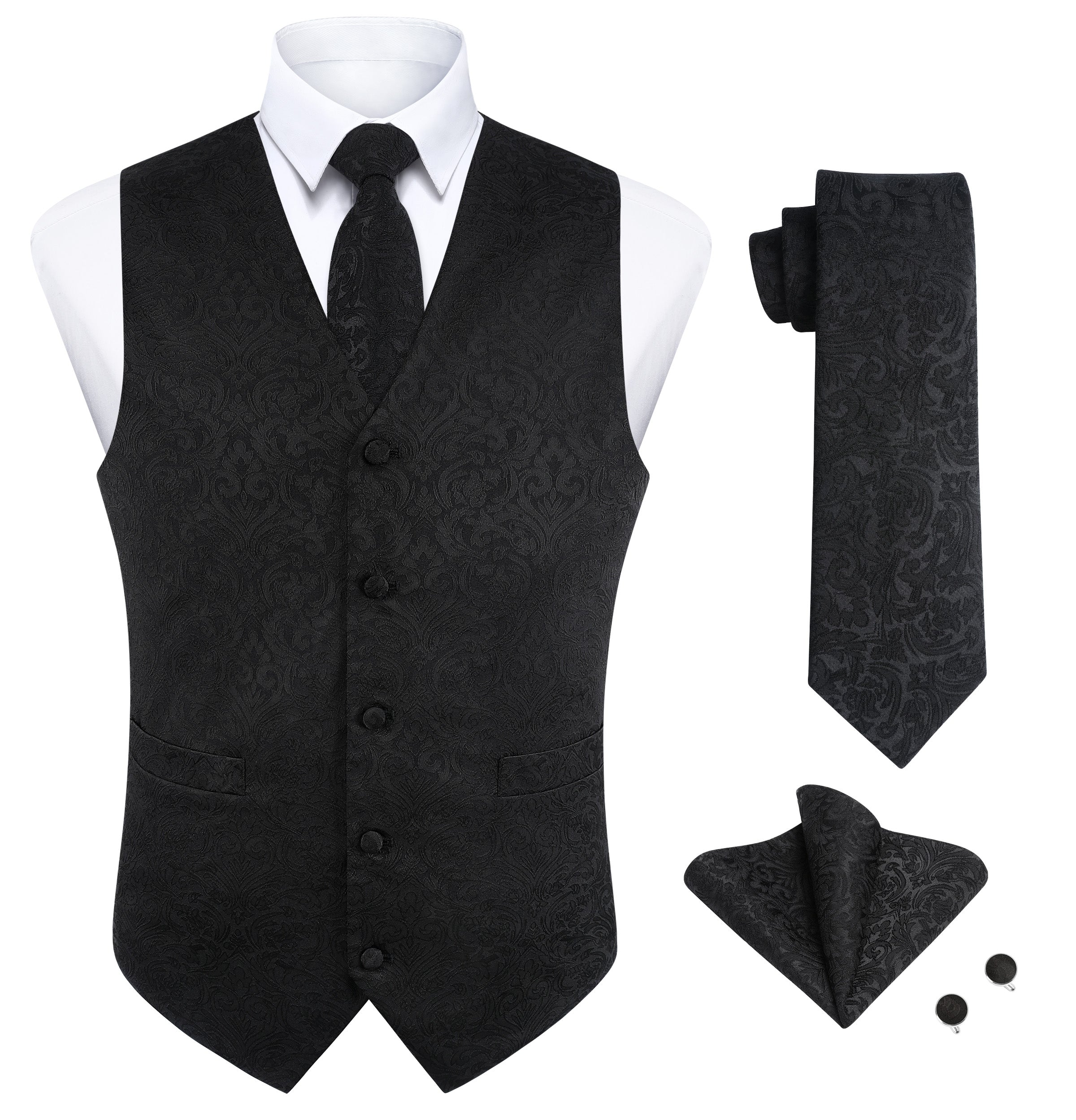 Men's Black Paisley Vest Tie Set For Weddings