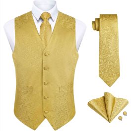 Men's Gold Paisley Vest Tie Set For Weddings Anniversary