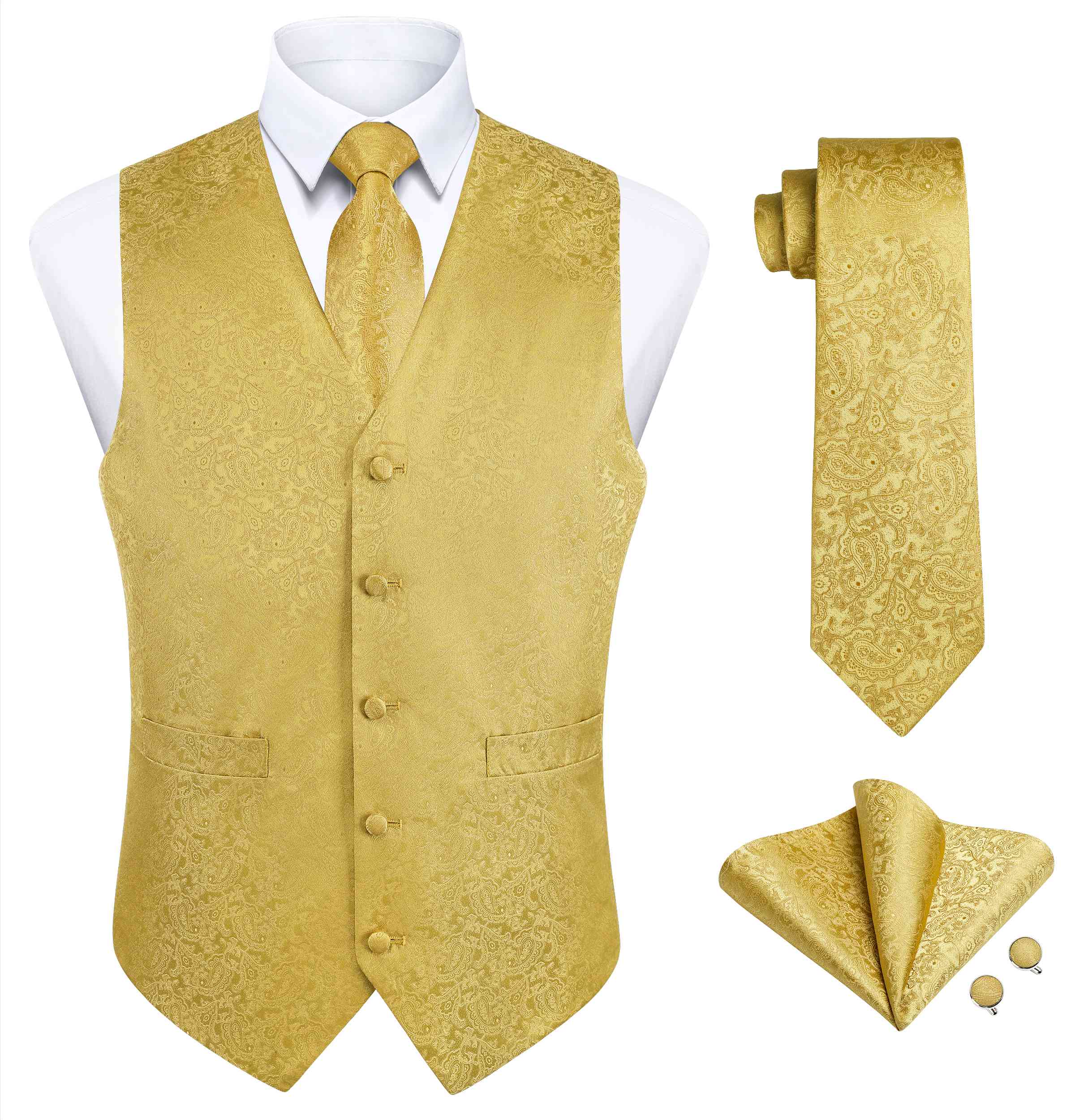 Men's Gold Paisley Vest Tie Set For Weddings Anniversary