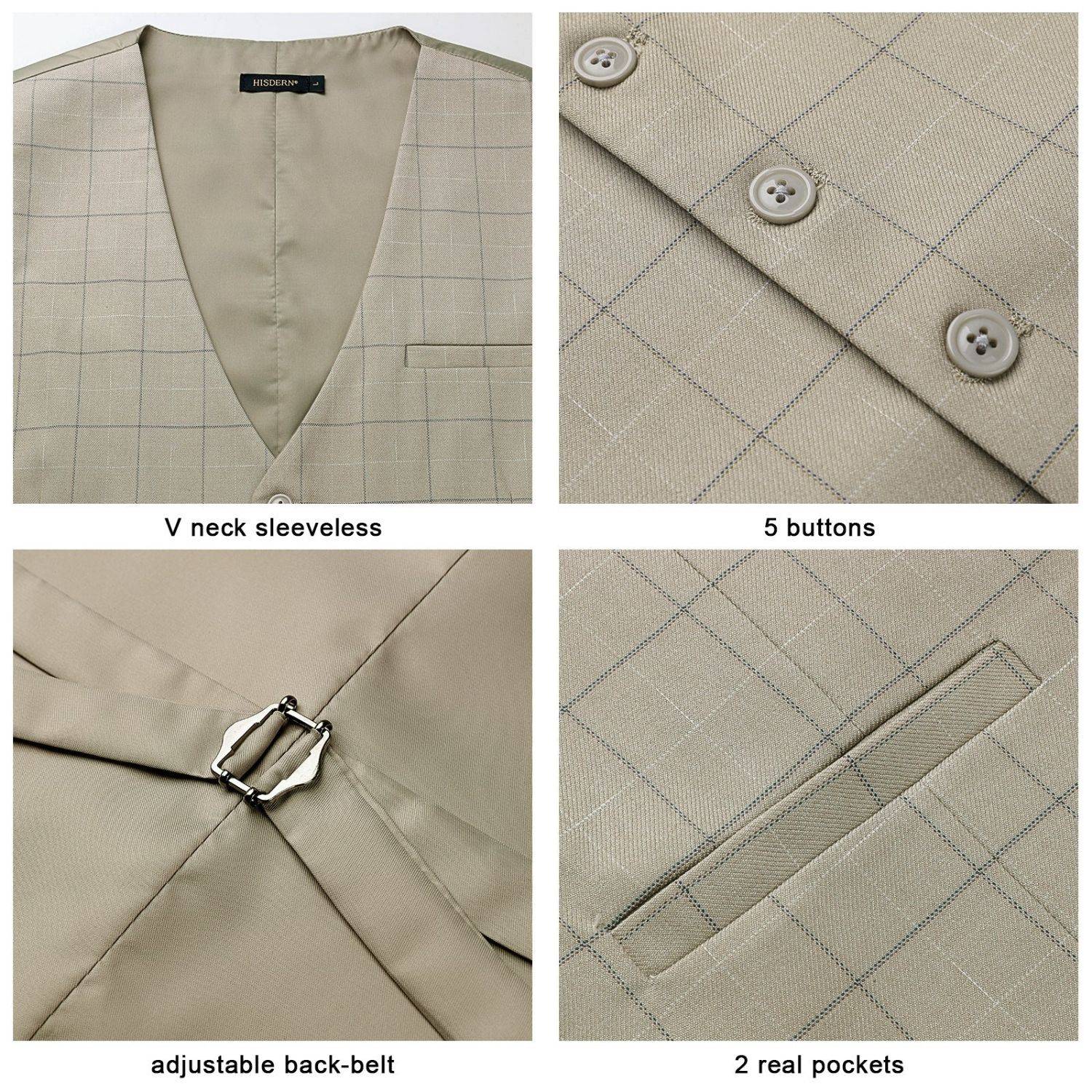 Men's Beige Plaid Slim Suit Vest Formal Wear - Image 4