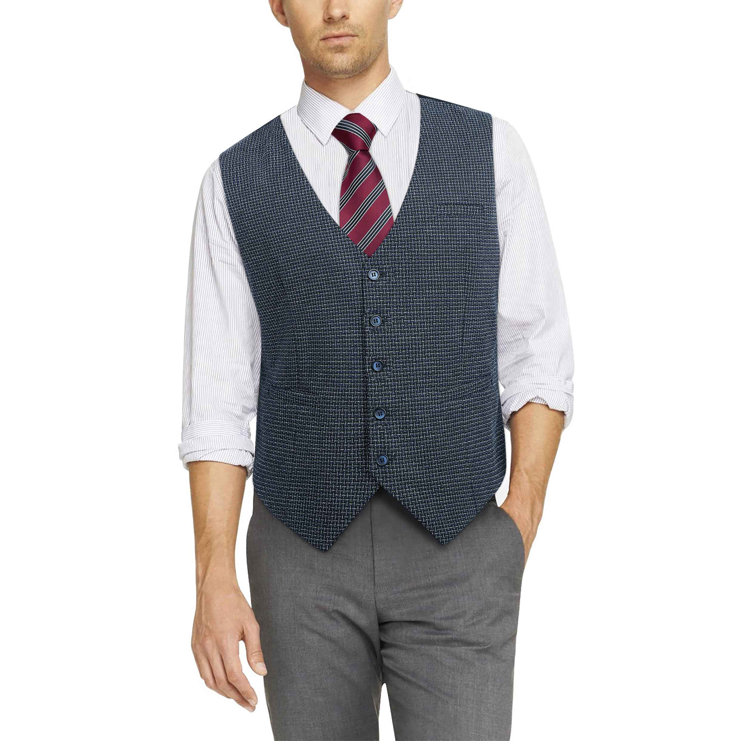 Men's Navy Blue Plaid Wedding Vest For Skinny Guys - Image 2