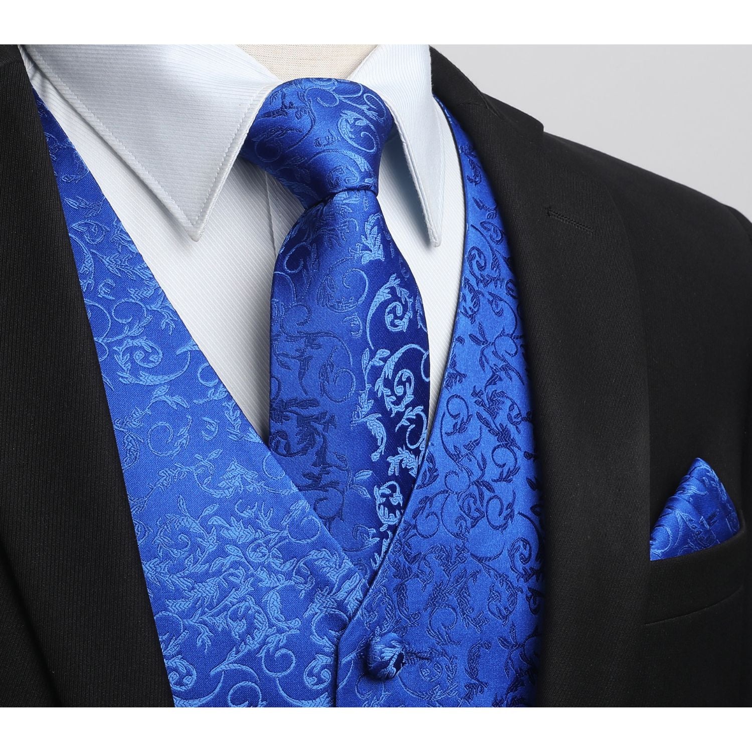 Men's Royal Blue Floral Vest Tie Set For Weddings - Image 2