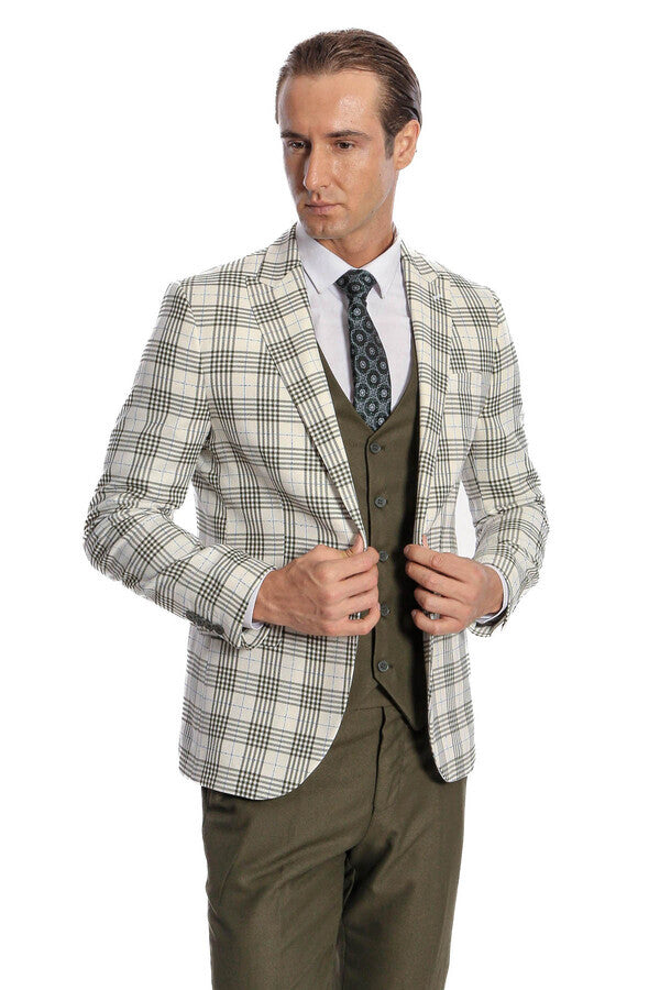Checked Slim Fit Green Men Suit - Image 3