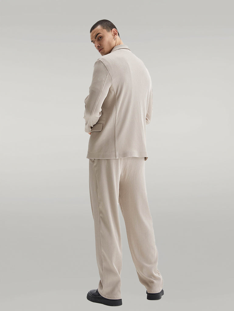 Men's Beige Ribbed Textured Oversize Suit - Image 3