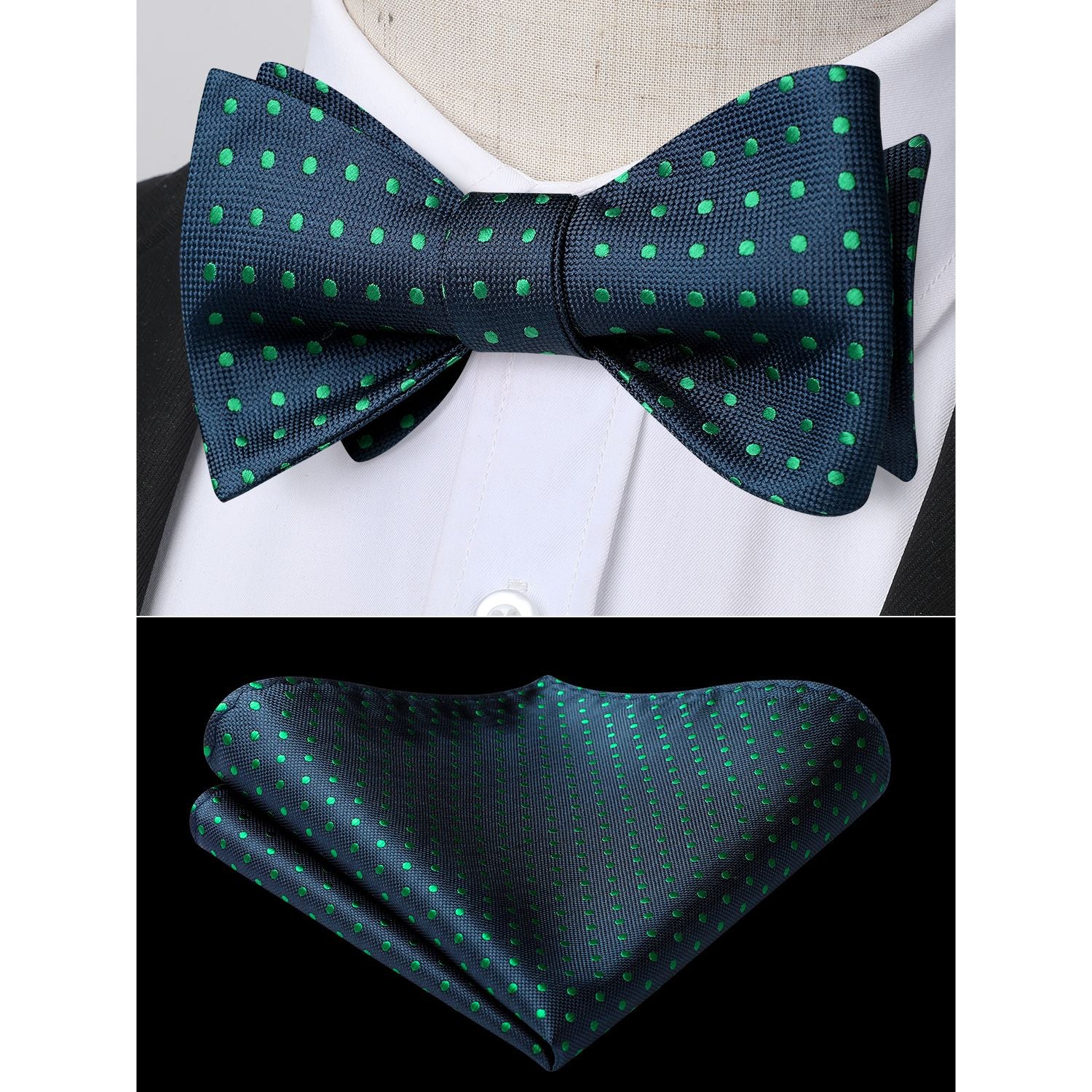 Polka Dots Green Navy Blue Bow Tie Set For Party Wedding - Image 2