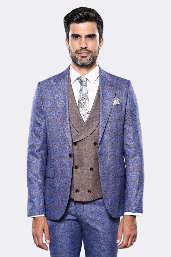 Checked Blue Men's Suit - Image 4