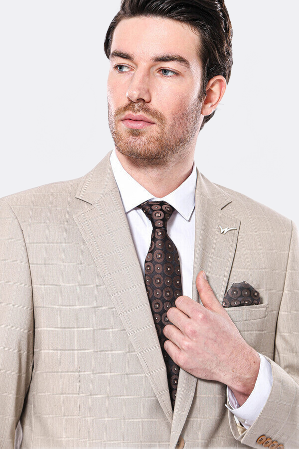 4 Drop Checked Regular Fit Beige Suit - Image 2